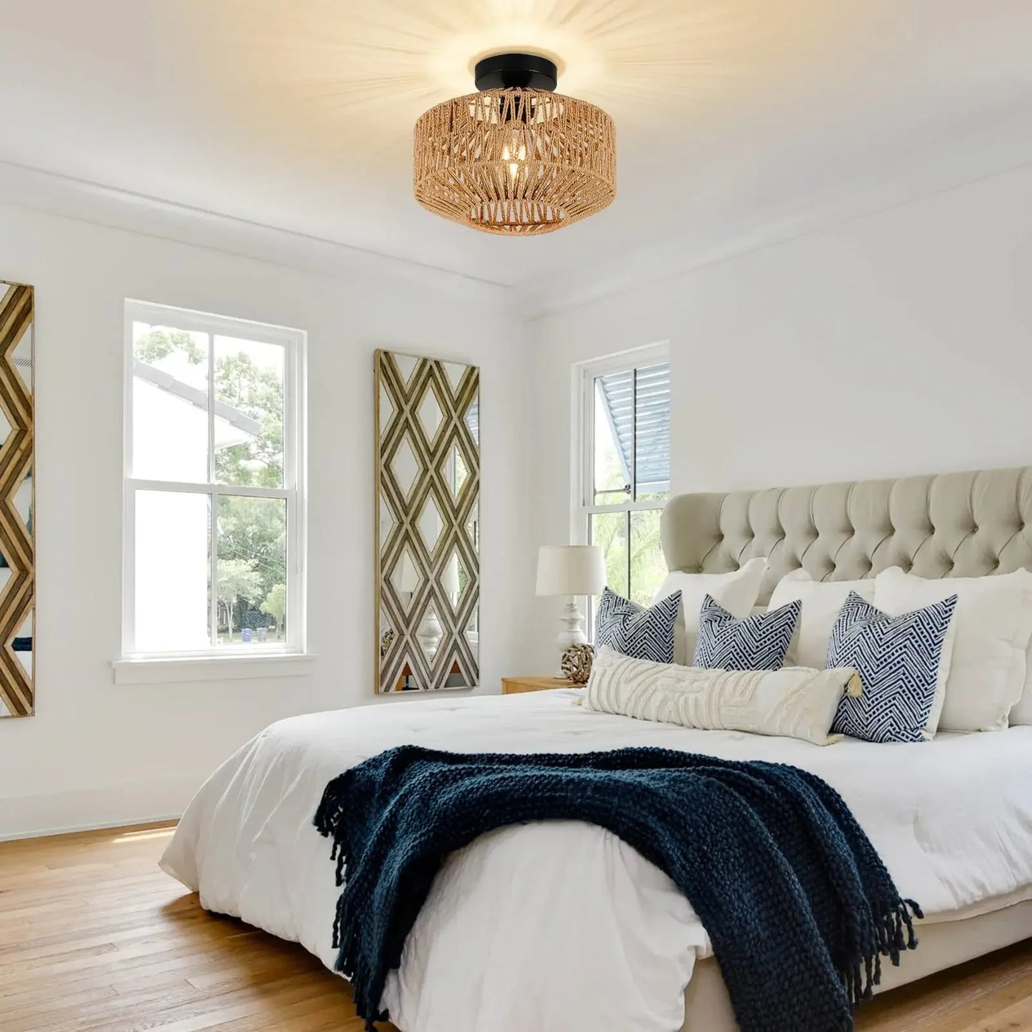 Ceiling Light Modern Home Decoration Light Fixture Rattan Ceiling Lamp E27 LED Lights Hand Woven Bedroom Hanging Lamp