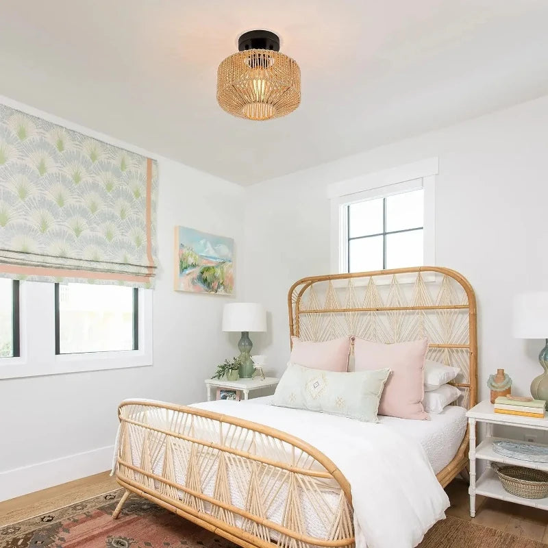 Ceiling Light Modern Home Decoration Light Fixture Rattan Ceiling Lamp E27 LED Lights Hand Woven Bedroom Hanging Lamp