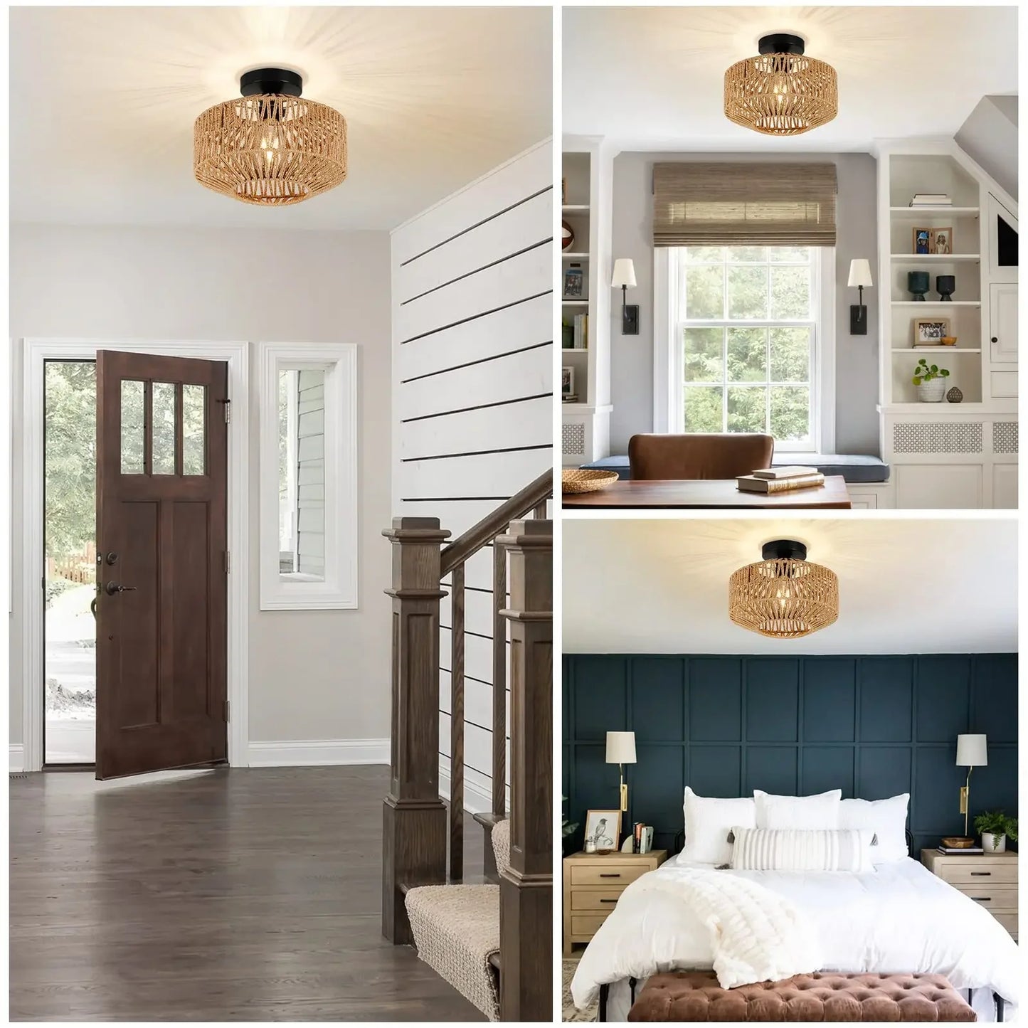 Ceiling Light Modern Home Decoration Light Fixture Rattan Ceiling Lamp E27 LED Lights Hand Woven Bedroom Hanging Lamp