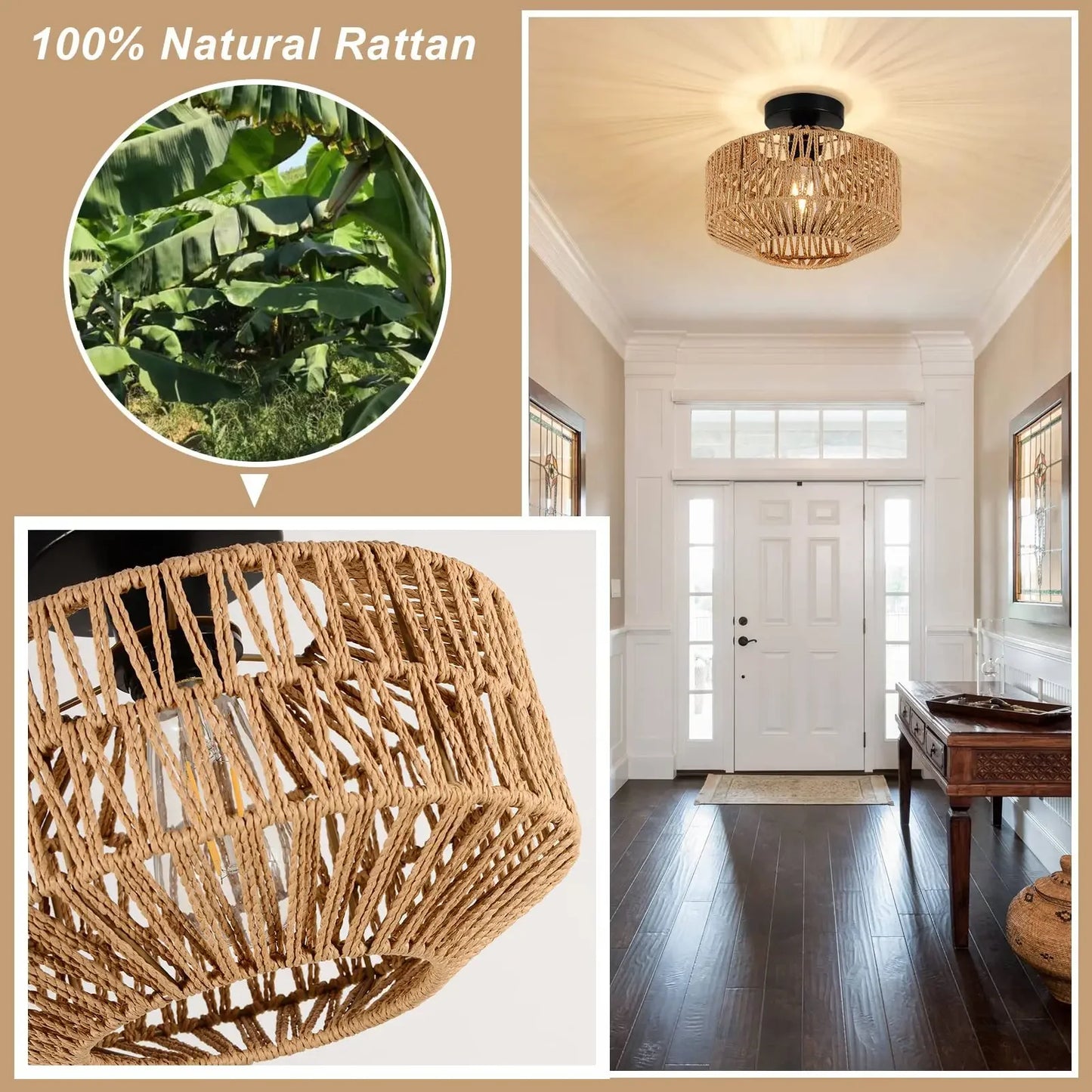 Ceiling Light Modern Home Decoration Light Fixture Rattan Ceiling Lamp E27 LED Lights Hand Woven Bedroom Hanging Lamp