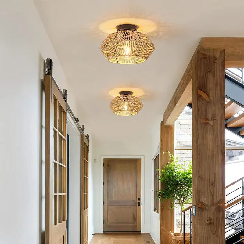 Ceiling Light Modern Home Decoration Light Fixture Rattan Ceiling Lamp E27 LED Lights Hand Woven Bedroom Hanging Lamp