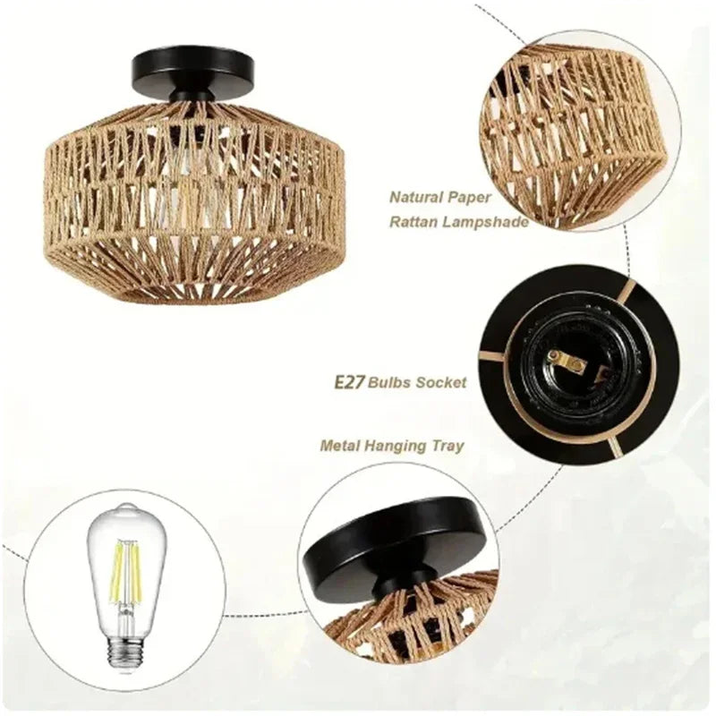 Ceiling Light Modern Home Decoration Light Fixture Rattan Ceiling Lamp E27 LED Lights Hand Woven Bedroom Hanging Lamp