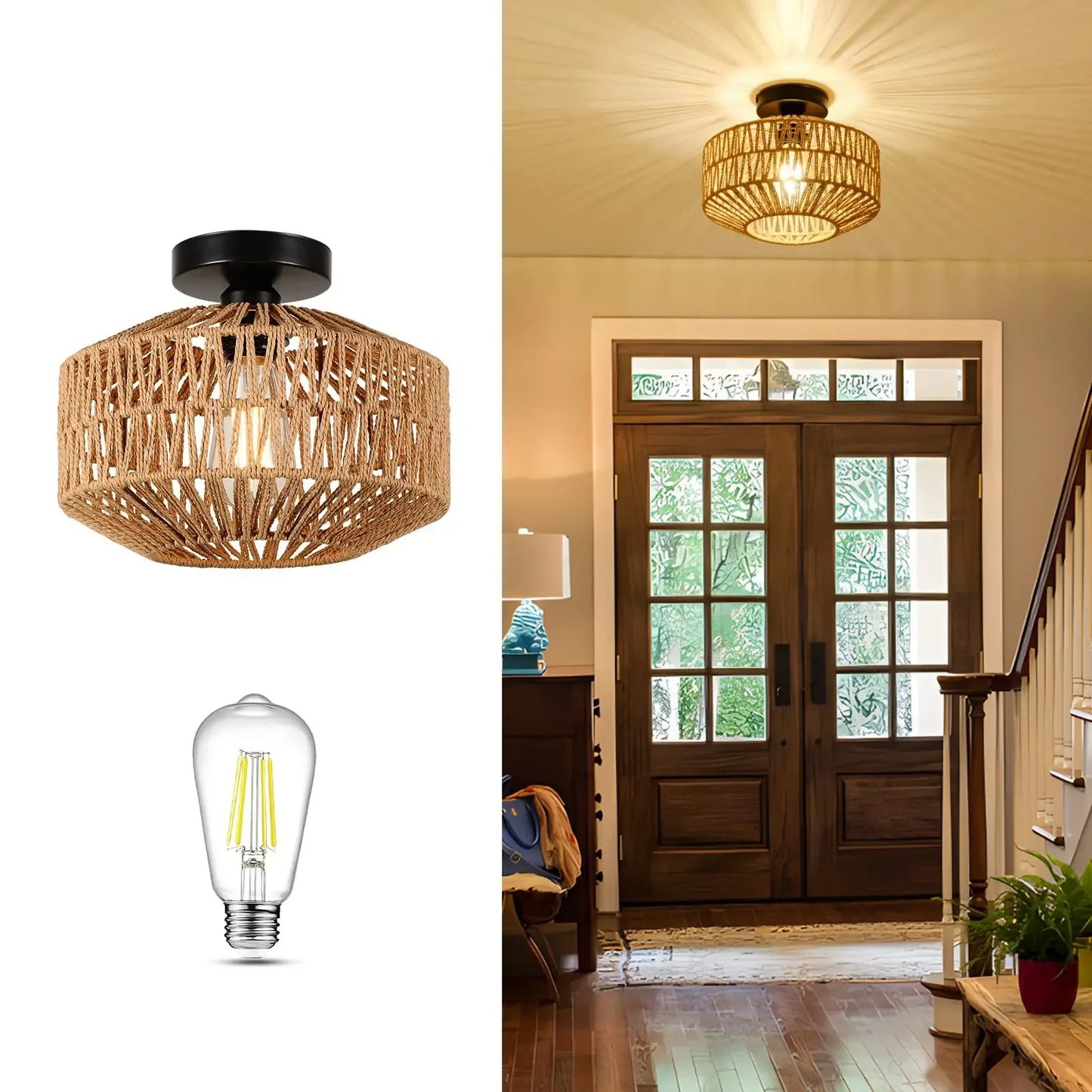 Ceiling Light Modern Home Decoration Light Fixture Rattan Ceiling Lamp E27 LED Lights Hand Woven Bedroom Hanging Lamp
