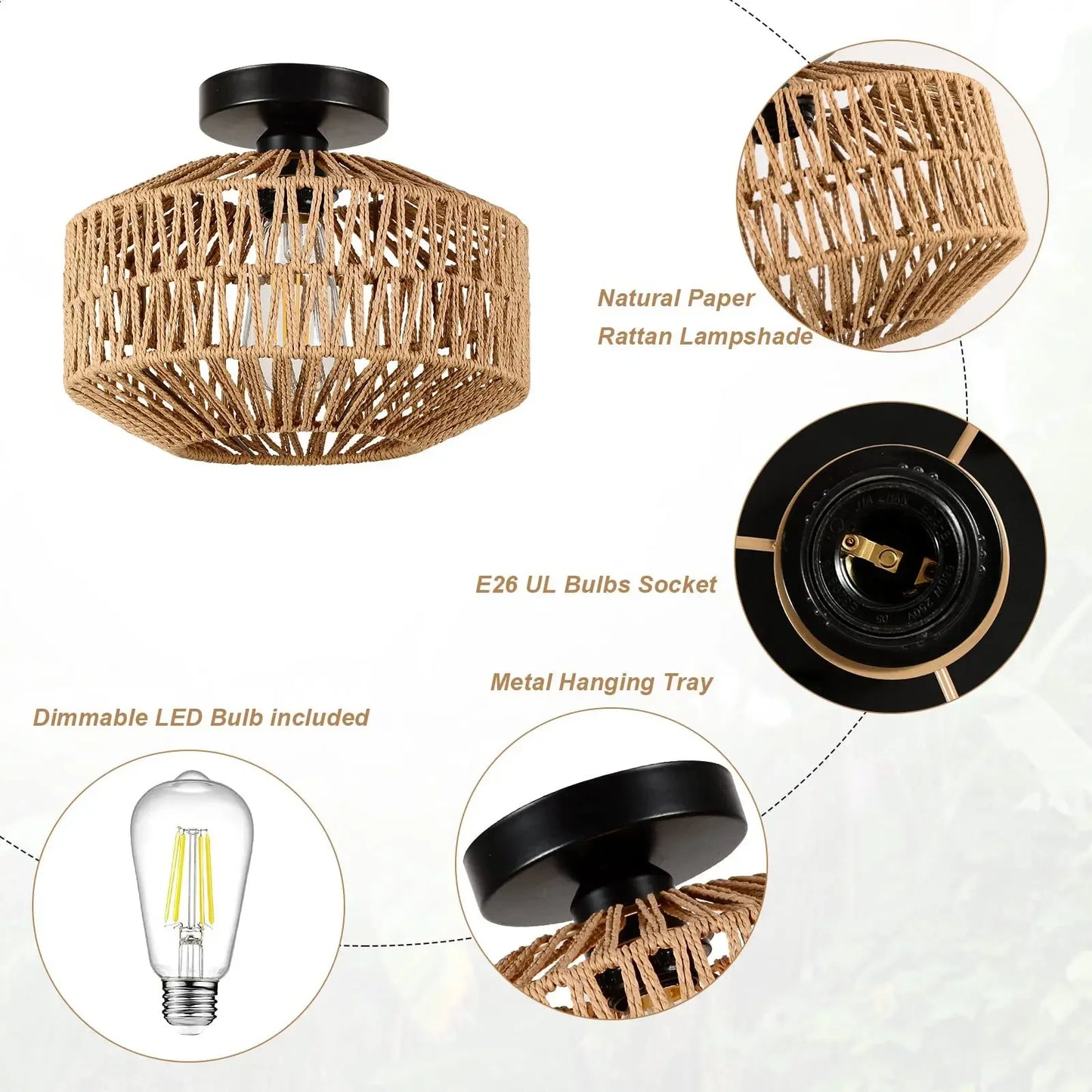 Ceiling Light Modern Home Decoration Light Fixture Rattan Ceiling Lamp E27 LED Lights Hand Woven Bedroom Hanging Lamp
